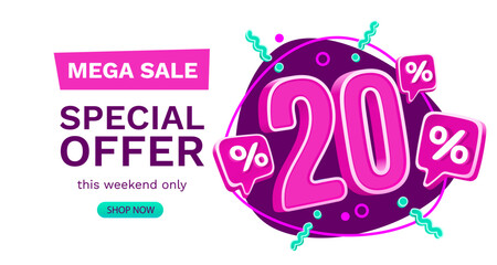 20 percent Special offer mega sale, Check and gift box. Sale banner and poster. Vector illustration.