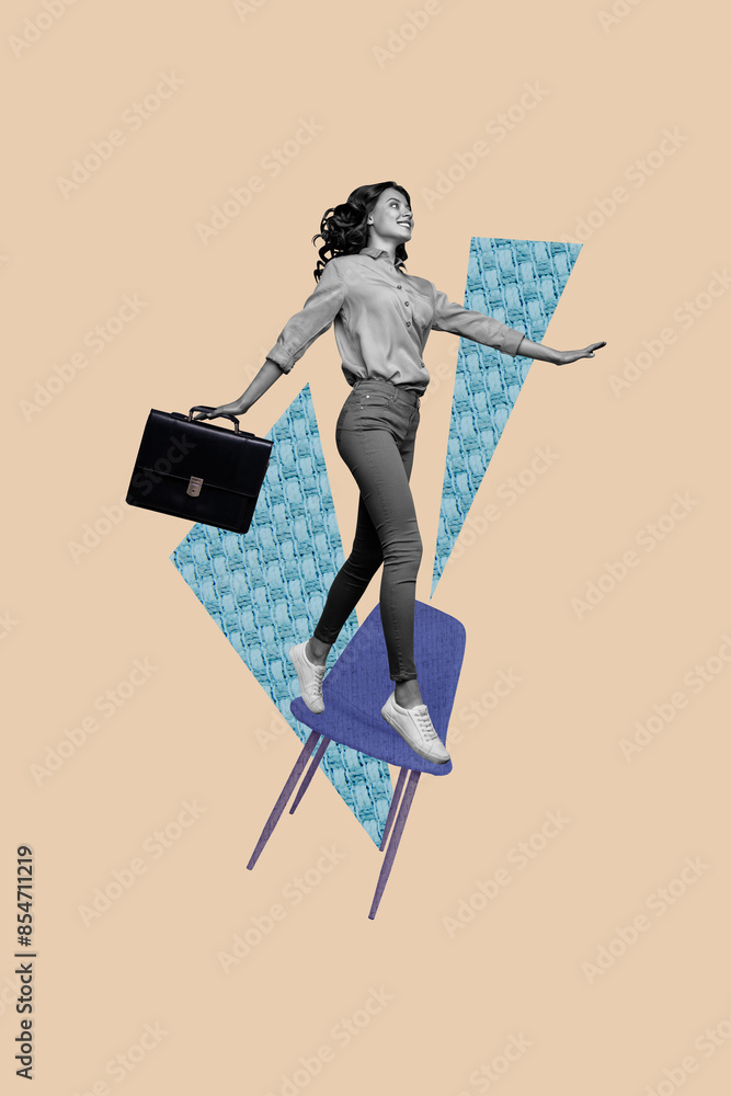 Poster Vertical photo collage of happy young businesswoman hold briefcase step chair leader worker chief boss isolated on painted background