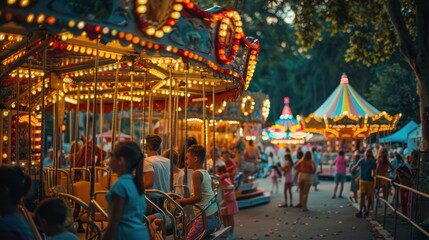 Obraz premium A vibrant carnival with colorful rides, games, and smiling faces, capturing the joy and excitement of the event,