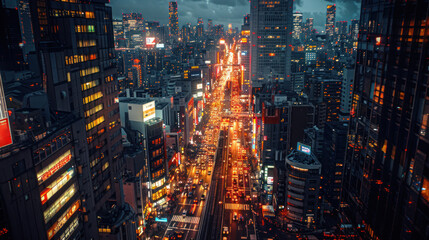 Fototapeta premium A vibrant cityscape at dusk, with illuminated buildings, busy streets, and the glow of streetlights