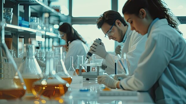 Photograph of a group of scientists working together in a laboratory, their shared passion for discovery driving their collaboration.