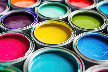 Fototapeta premium Close-up of Open Paint Cans with Vibrant Colors for Creative Projects