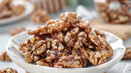 Obraz premium Tasty caramelized walnuts displayed on a white dish