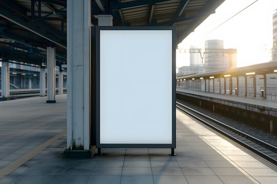 Empty billboard at a train station platform during sunrise, ideal for advertisement mockups with urban and industrial background.