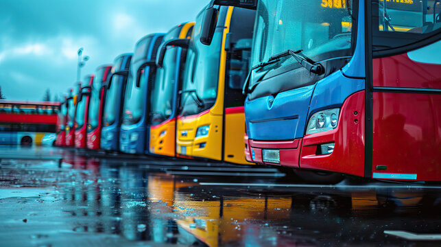 Colorful Lineup of Buses in a Rainy Bus Depot