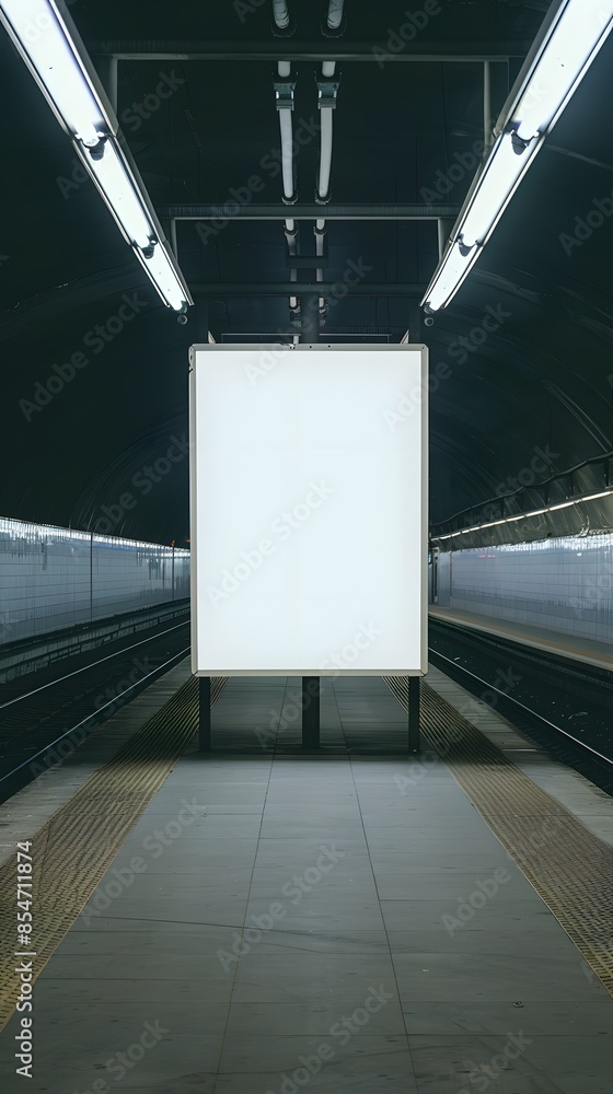 Aufkleber empty billboard in a dark subway station with illuminated lights, ready for advertising or message p