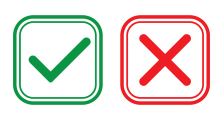 Check mark and wrong mark icon design. Tick and cross checkmark icon with stroke line. Yes and no buttons. Set of red X and green check mark icons. Vector illustration.