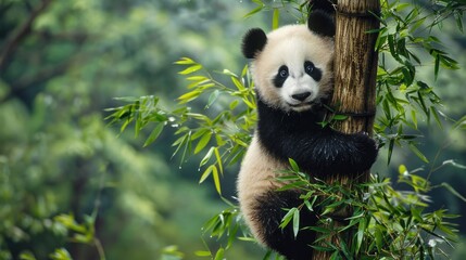 Obraz premium Photograph of a playful panda bear cub climbing a bamboo tree, its black and white fur contrasting against the lush green foliage.