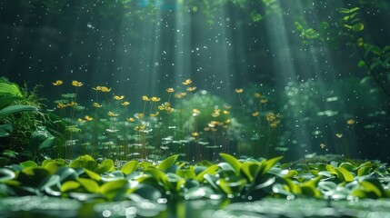 A lush green field with flowers and plants