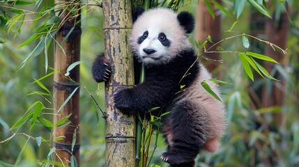 Obraz premium Photograph of a playful panda bear cub climbing a bamboo tree, its black and white fur contrasting against the lush green foliage.