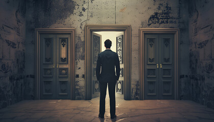 Fototapeta premium man in doubt in front of three open doors