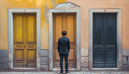 man in doubt in front of three open doors