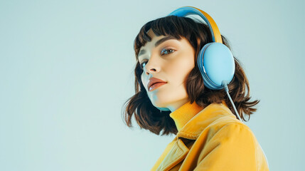 Beautiful young woman with headphones. Banner for music telecommunication technologies language learning sale