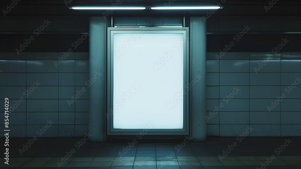 Poster empty illuminated billboard at a subway station, perfect for customizable advertisement, surrounded 