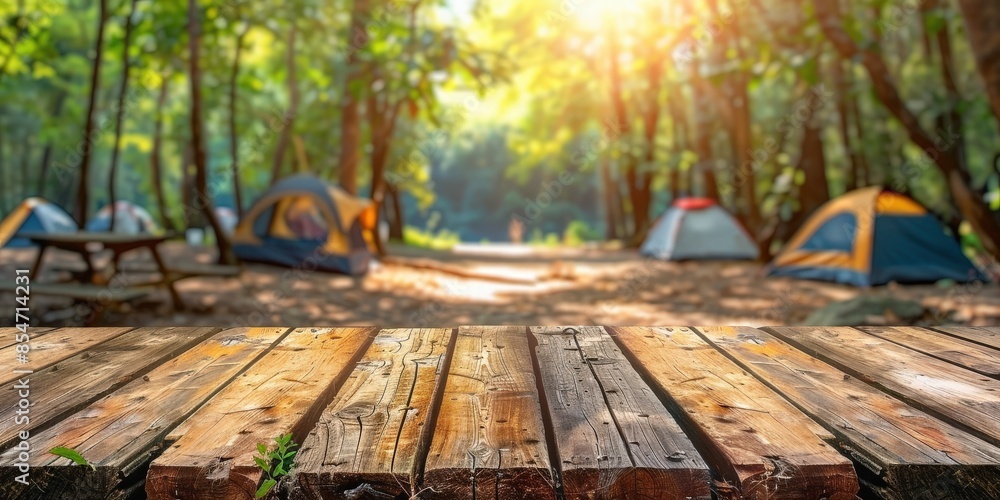 Wall mural Wooden Table In Front of Blurred Camping Scene - Wall murals