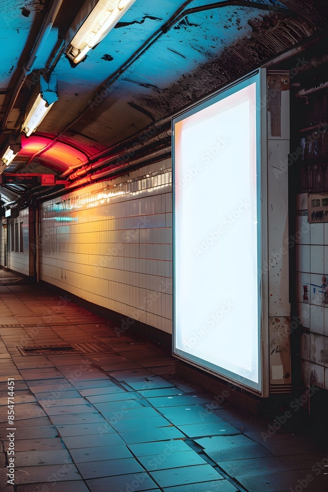 Poster empty illuminated billboard in a dimly lit urban subway tunnel with colorful lights reflecting off t