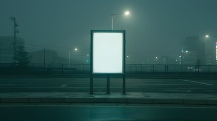 Empty illuminated billboard on a foggy street at night, with muted city lights in the background, creating a mysterious urban atmosphere.