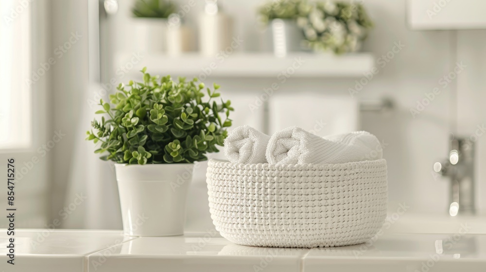 Wall mural towels in white basket with plant on counter in bright bathroom - Wall murals