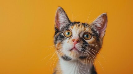 Obraz premium Hungry calico cat eagerly eyeing camera against orange backdrop