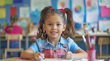 A happy school girl drawing with paint brush in a colorful art class. School, education, art concept.
