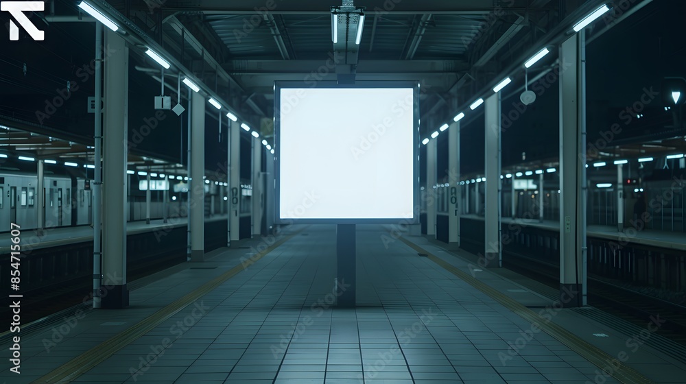 Poster empty nighttime train station with a bright blank billboard and illuminated platform creating a sere