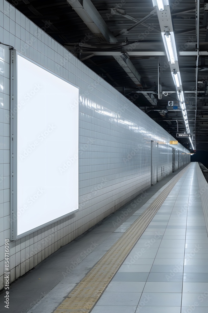 Poster empty subway platform with a blank, illuminated advertisement space on the tiled wall and modern ove
