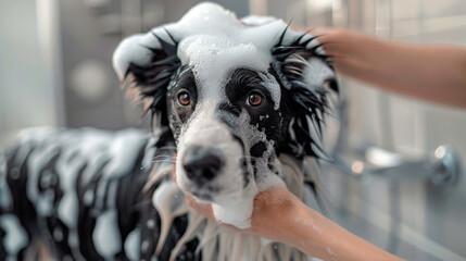 Pet groomer hands washing cute border collie with shampoo in a grooming salon. Professional animal grooming service, pet care, small business concept.