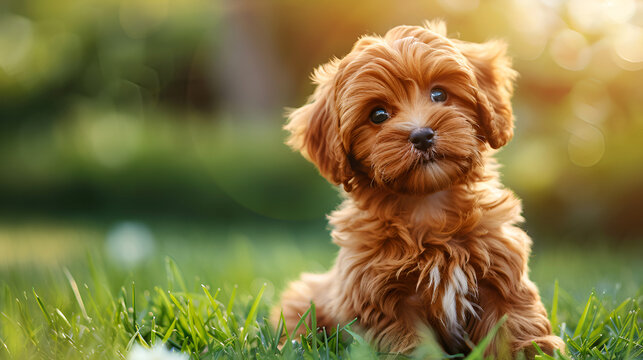 Cute fluffy maltipoo puppy sitting in the green grass in the summer park. Copy space. Veterinary, pet store concept.