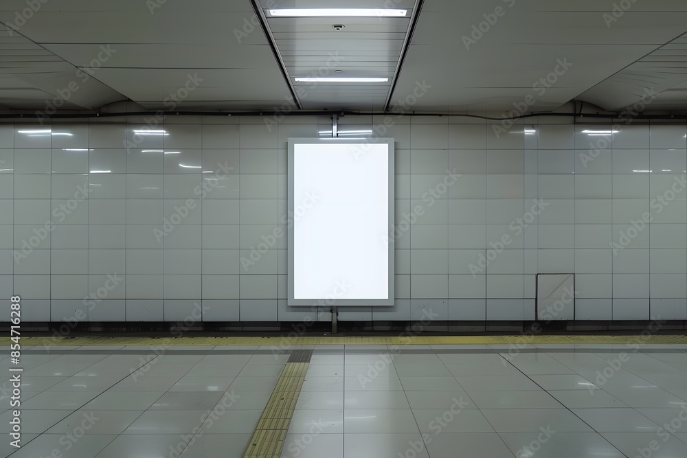 Poster empty subway station platform with a blank illuminated advertising board on a tiled wall, ready for 