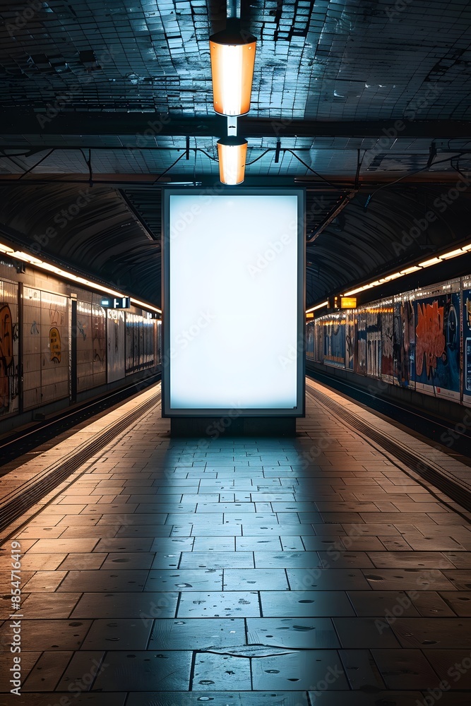 Aufkleber empty subway station platform with brightly lit advertising billboard at night, illuminated ceiling 
