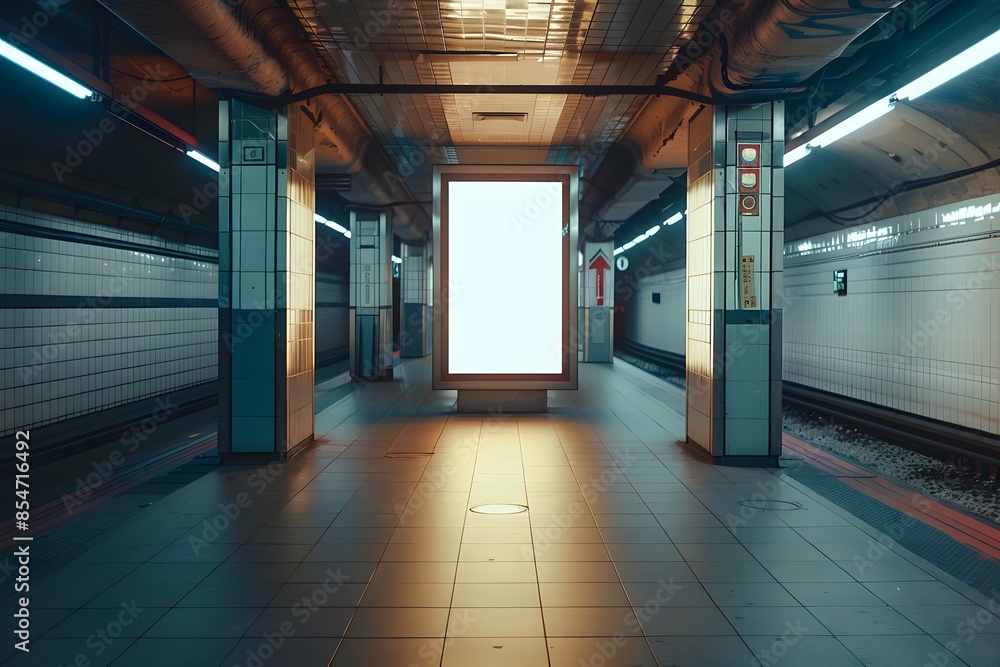 Aufkleber empty subway station platform with illuminated blank advertising billboard, ready for customization.