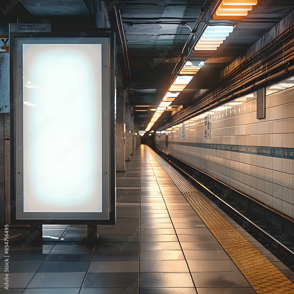Poster empty subway station platform with illuminated blank billboard and tiled walls, waiting for the arri