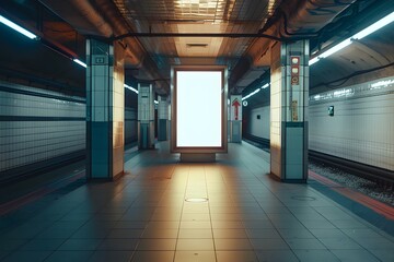 Empty subway station platform with illuminated blank advertising billboard, ready for customization. Urban transportation and modern infrastructure.