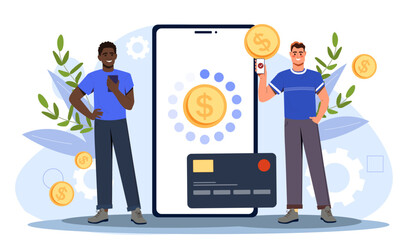 Transfer money at smartphone. Men with gold coins stand near smartphone screen. Digital payments and electronic transactions. People with mobile banking application. Cartoon flat vector illustration