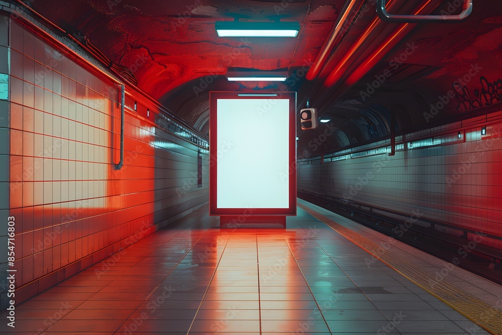 Poster empty subway station with a blank illuminated billboard surrounded by red and blue neon lights, crea