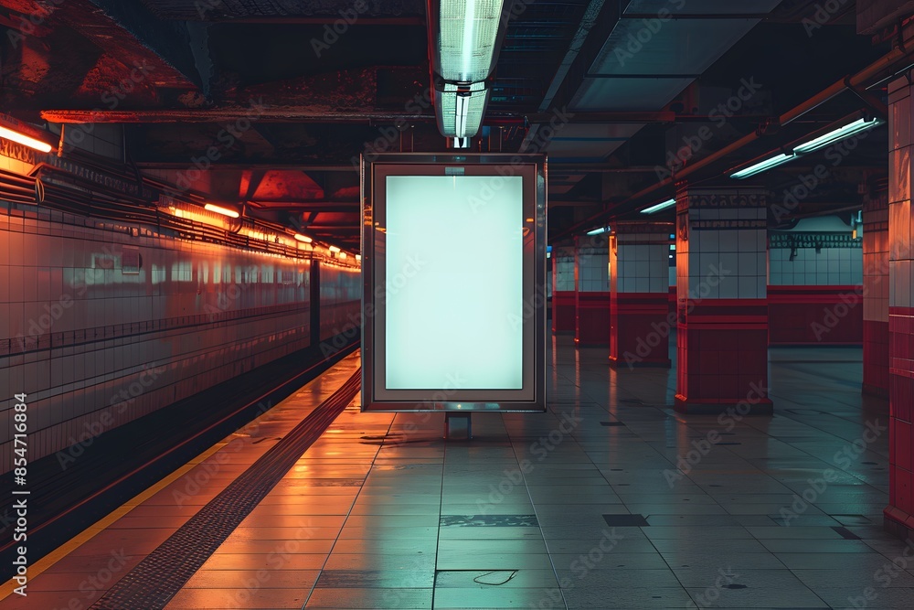 Poster empty subway station with an illuminated blank billboard and motion blur of a train, showcasing urba