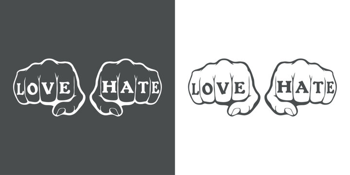 Logo emociones y sentimientos. Tatuaje palabras Love Hate en dedos de pu&ntilde;os cerrados