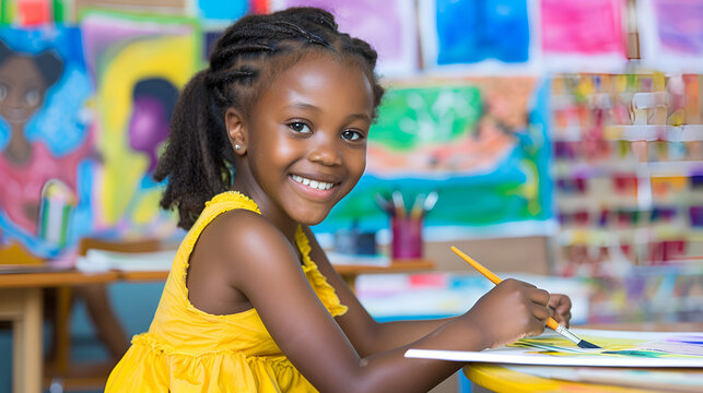 Happy smiling African schoolgirl in yellow dress in colorful art class. School, education, art concept.