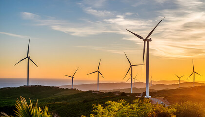 Wind turbines rise on hills under a clear sky, harnessing energy at dawn with copy space area.