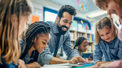 Obraz premium Diverse group of elementary school children learning with smiling male teacher in classroom setting