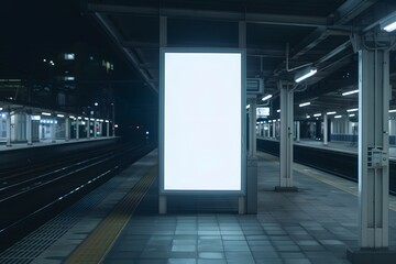 Empty train station platform at night with a bright white advertisement panel, perfect for your next urban or travel related project.