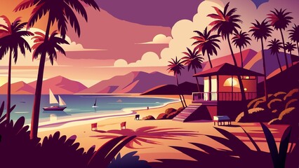Tropical beach with palm trees, sunbeds and umbrellas vector illustration