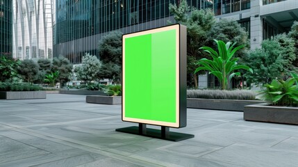 Canary Wharf, London, with unique vertical green screen billboard, 32k resolution, ultra HD, high detail, minimal design