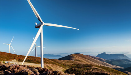 Wind turbines rise on hills under a clear sky, harnessing energy at dawn with copy space area.