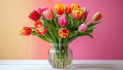 A bouquet of multicolored tulips arranged in a clear glass vase, placed on a white wooden table with a pastel colored wall