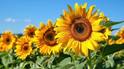 A field of sunflowers with bright yellow petals and green leaves