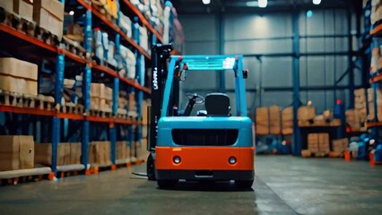 A forklift in a warehouse with tall shelves stocked with brown cardboard boxes.