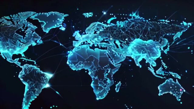A glowing blue world map made of connected dots on a black background.