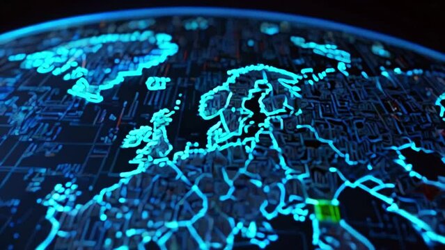 A glowing blue circuit board in the shape of Europe.