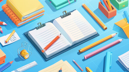 Assorted stationery on a blue background, including notebooks, pencils, clips, and an alarm clock, top view
